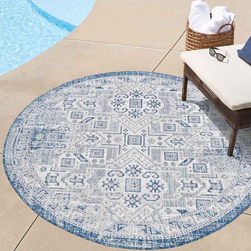 Tribal Terrace Treasures Collection Area Rug - Mayan Marina (Blue) Round Blue lifestyle 8