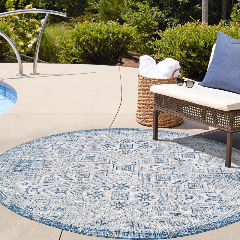 Tribal Terrace Treasures Collection Area Rug - Mayan Marina (Blue) Round Blue lifestyle 9