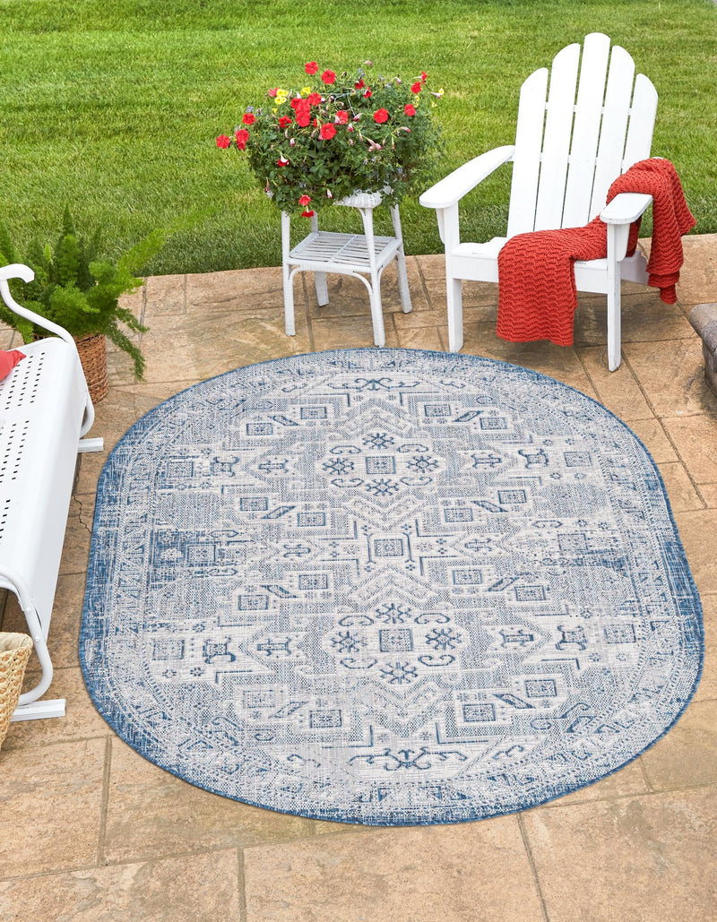 Tribal Terrace Treasures Collection Area Rug - Mayan Marina (Blue) Oval Blue lifestyle 0