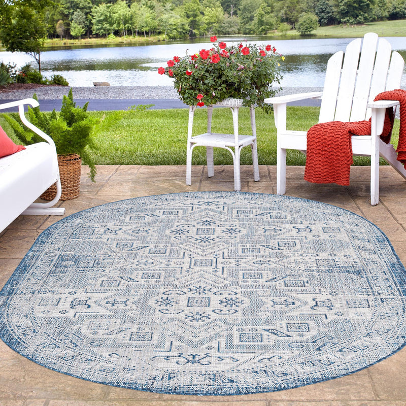 Tribal Terrace Treasures Collection Area Rug - Mayan Marina (Blue) Oval Blue lifestyle 11