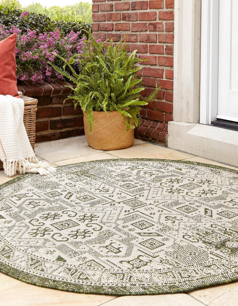 Tribal Terrace Treasures Collection Area Rug - Mayan Marina (Green) Round Green lifestyle 2