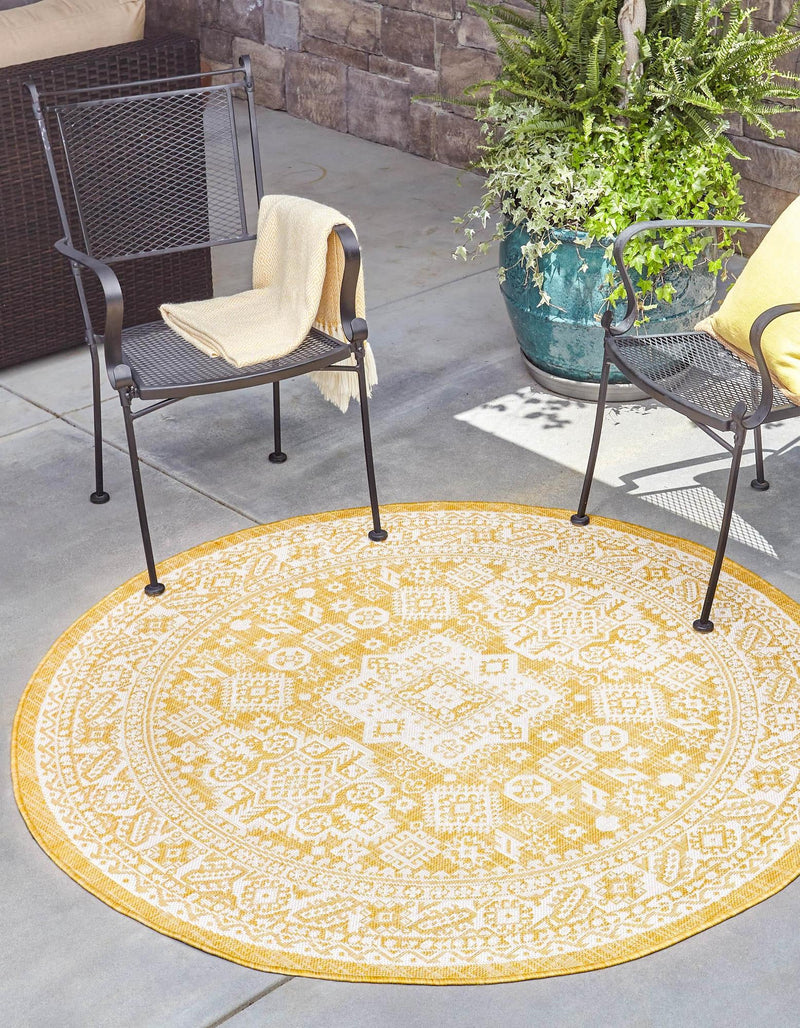 Tribal Terrace Treasures Collection Area Rug - Incan Isle (Yellow) Round Yellow lifestyle 0