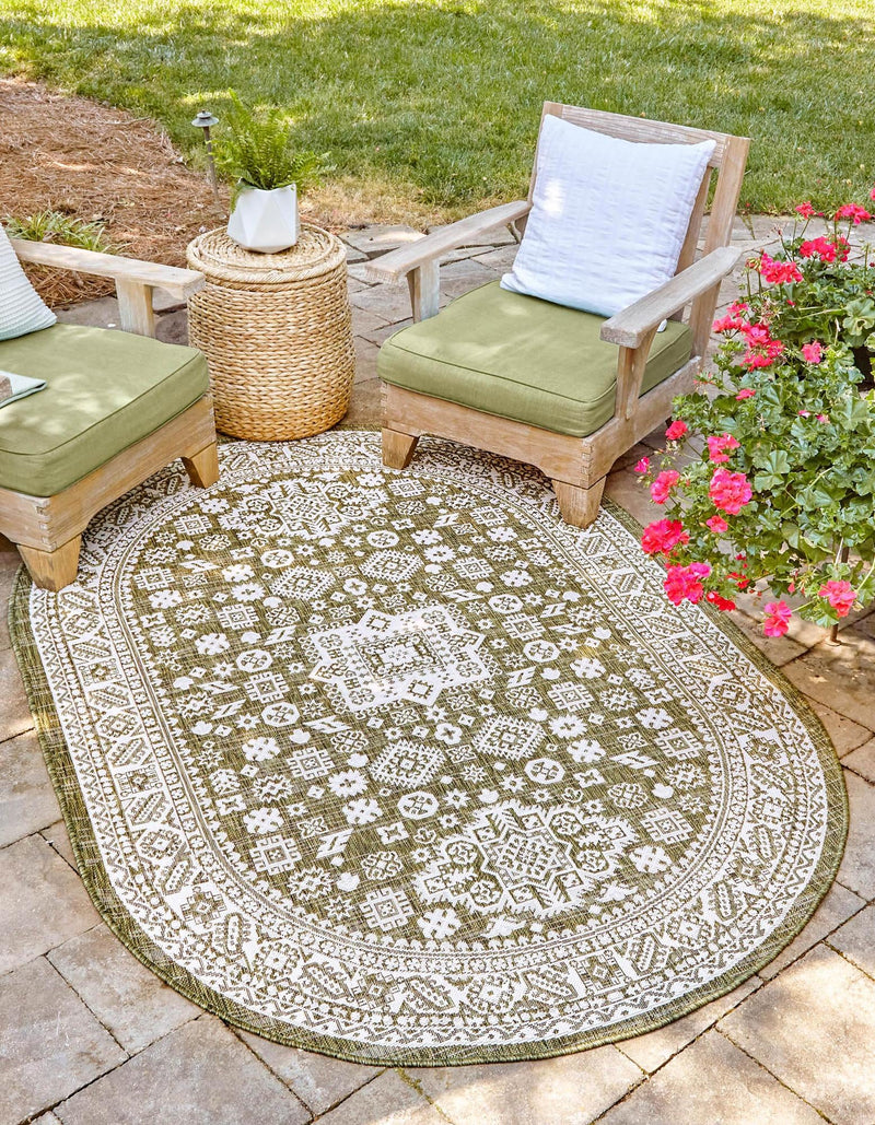 Tribal Terrace Treasures Collection Area Rug - Incan Isle (Green) Oval Green lifestyle 0