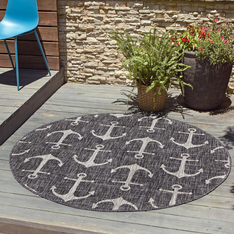Seaside Haven Rugs Collection Area Rug - Sapphire (Charcoal) Round Charcoal lifestyle 13