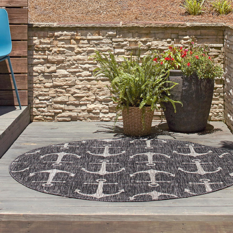 Seaside Haven Rugs Collection Area Rug - Sapphire (Charcoal) Round Charcoal lifestyle 14