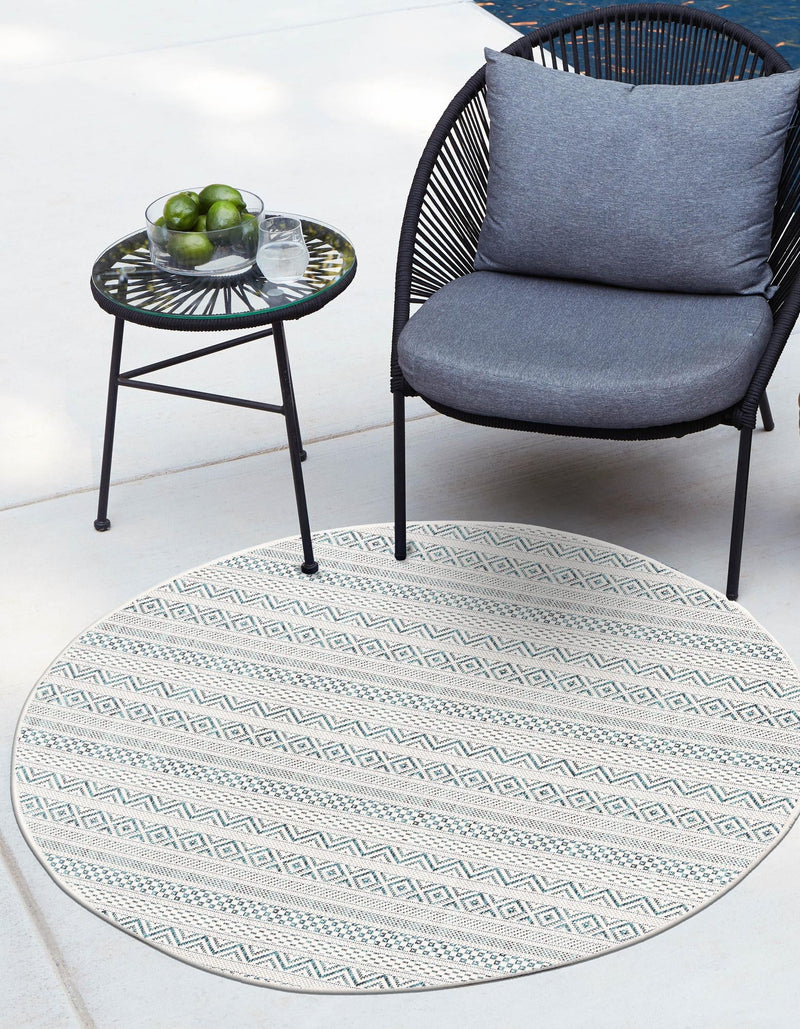 Patio Stripe Harmony Collection Area Rug - Boardwalk (Teal) Round Teal lifestyle 0