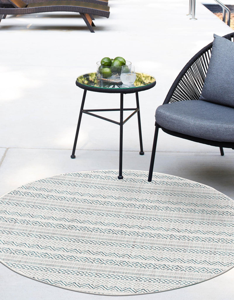Patio Stripe Harmony Collection Area Rug - Boardwalk (Teal) Round Teal lifestyle 2