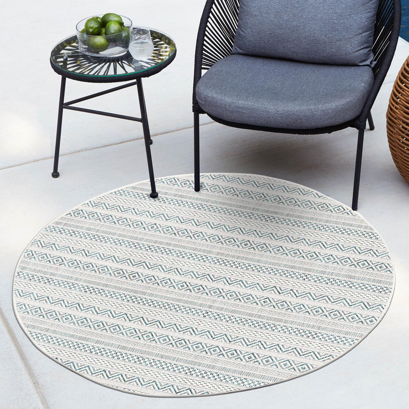 Patio Stripe Harmony Collection Area Rug - Boardwalk (Teal) Round Teal lifestyle 13