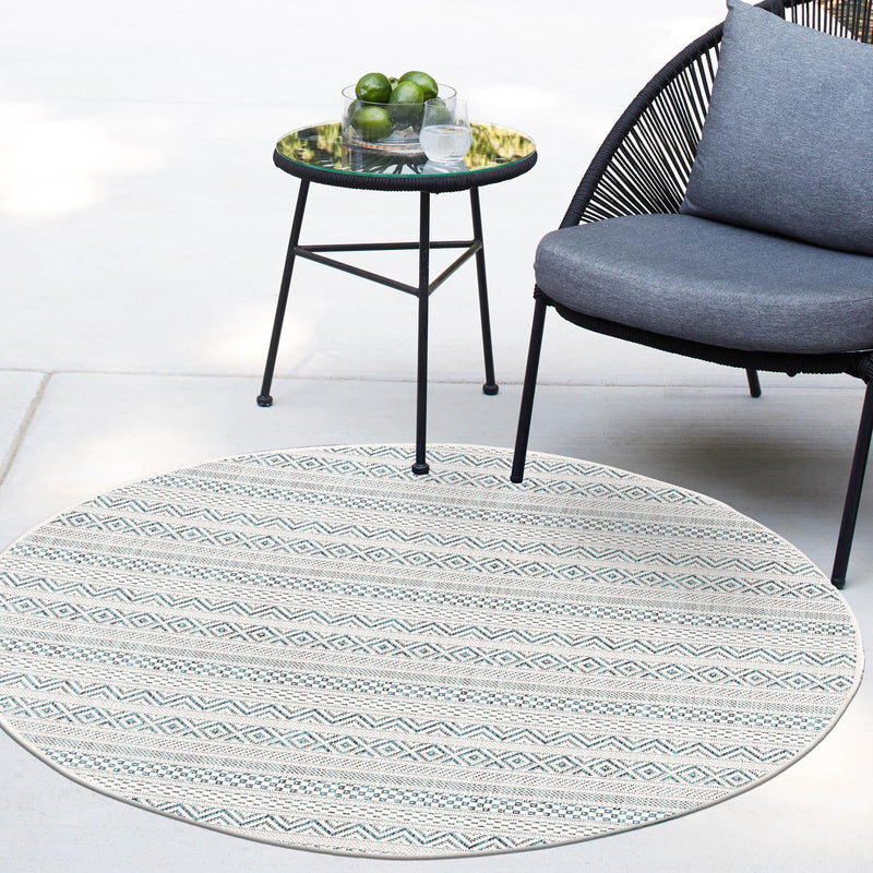 Patio Stripe Harmony Collection Area Rug - Boardwalk (Teal) Round Teal lifestyle 14