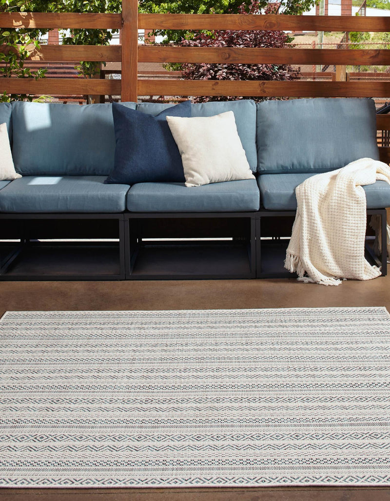 Patio Stripe Harmony Collection Area Rug - Boardwalk (Teal) Square Teal lifestyle 2