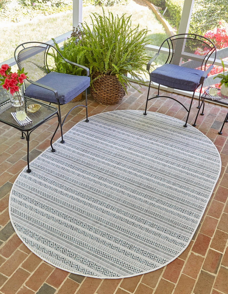 Patio Stripe Harmony Collection Area Rug - Boardwalk (Teal) Oval Teal lifestyle 0