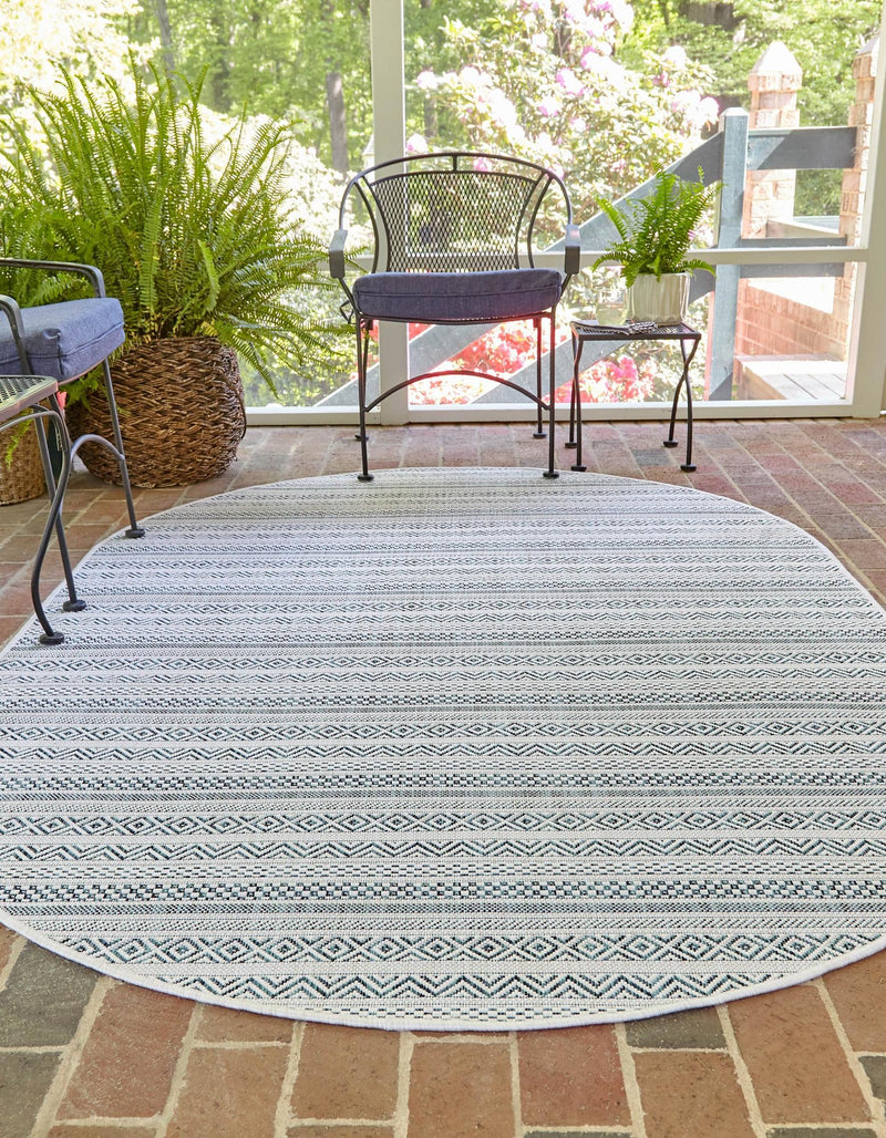 Patio Stripe Harmony Collection Area Rug - Boardwalk (Teal) Oval Teal lifestyle 2