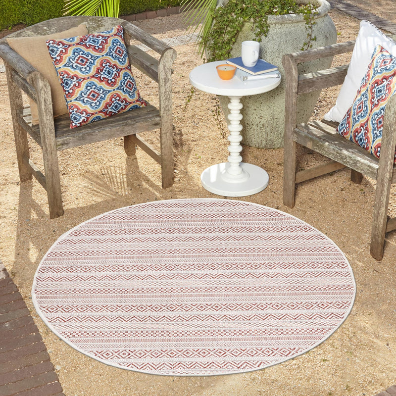 Patio Stripe Harmony Collection Area Rug - Boardwalk (Red) Round Red lifestyle 11