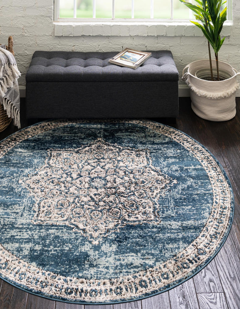 Mykonos Manor Collection Area Rug - Tinos (Blue) Round Blue lifestyle 14