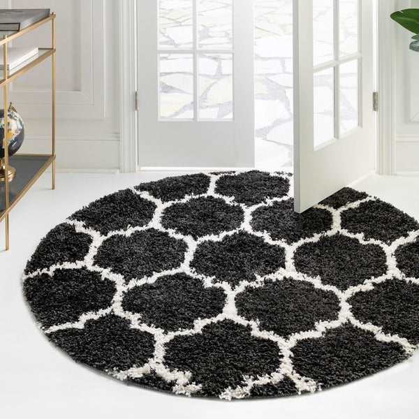 Cozy Cove Shag Collection Area Rug - Marina Round Black and White lifestyle 98