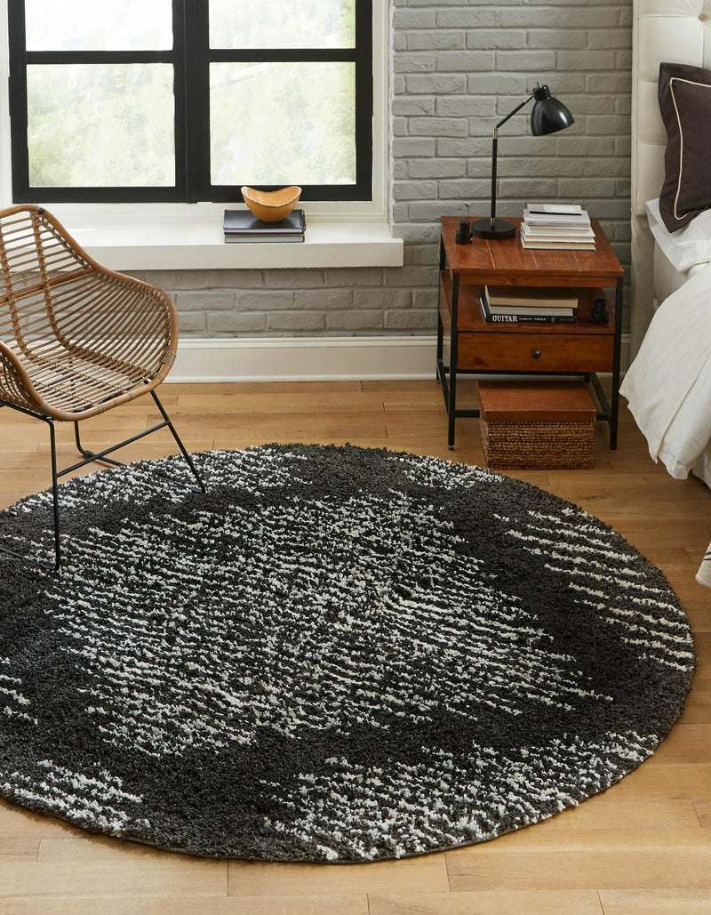 Tranquil Tides Shag Collection Area Rug - Azure Round Black and White lifestyle 53