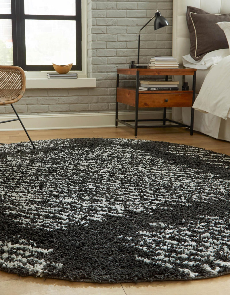 Tranquil Tides Shag Collection Area Rug - Azure Round Black and White lifestyle 70
