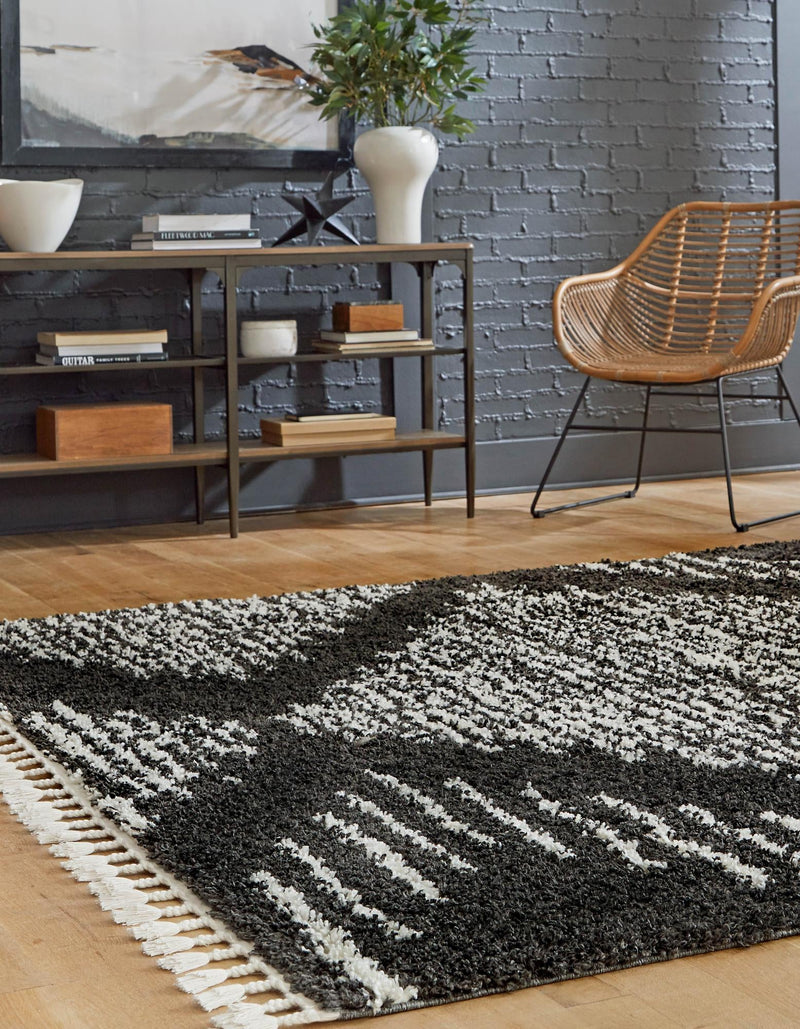 Tranquil Tides Shag Collection Area Rug - Azure Square Black and White lifestyle 71
