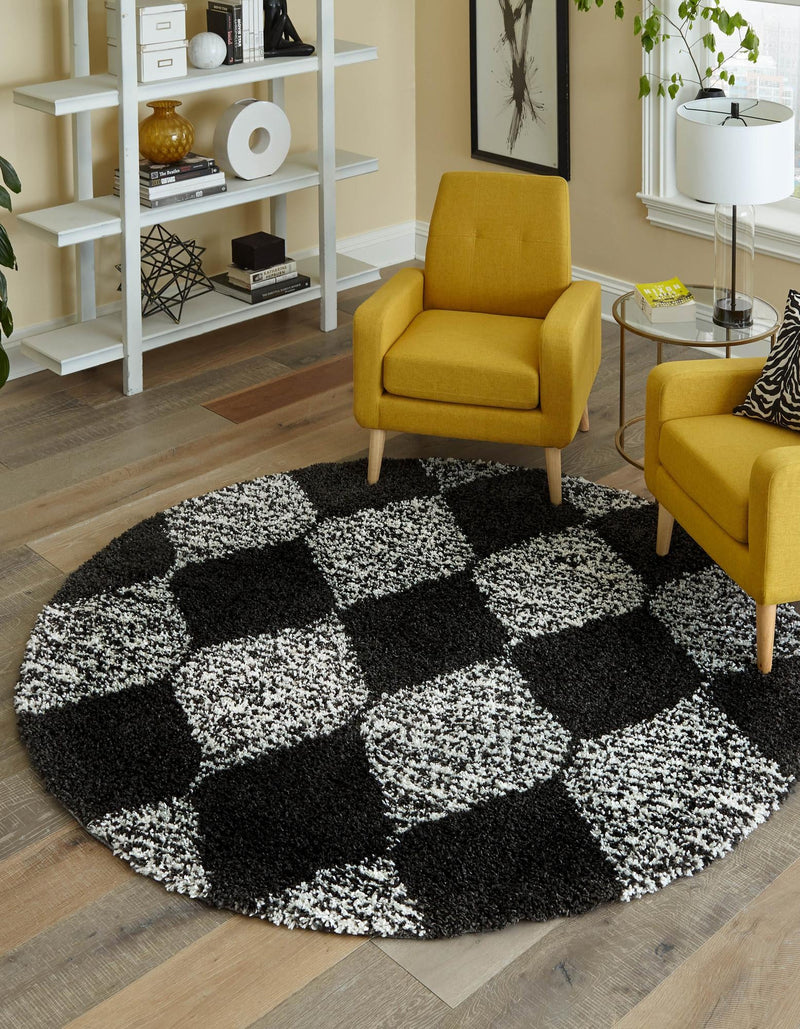 Tranquil Tides Shag Collection Area Rug - Pebble Round Black and White lifestyle 67