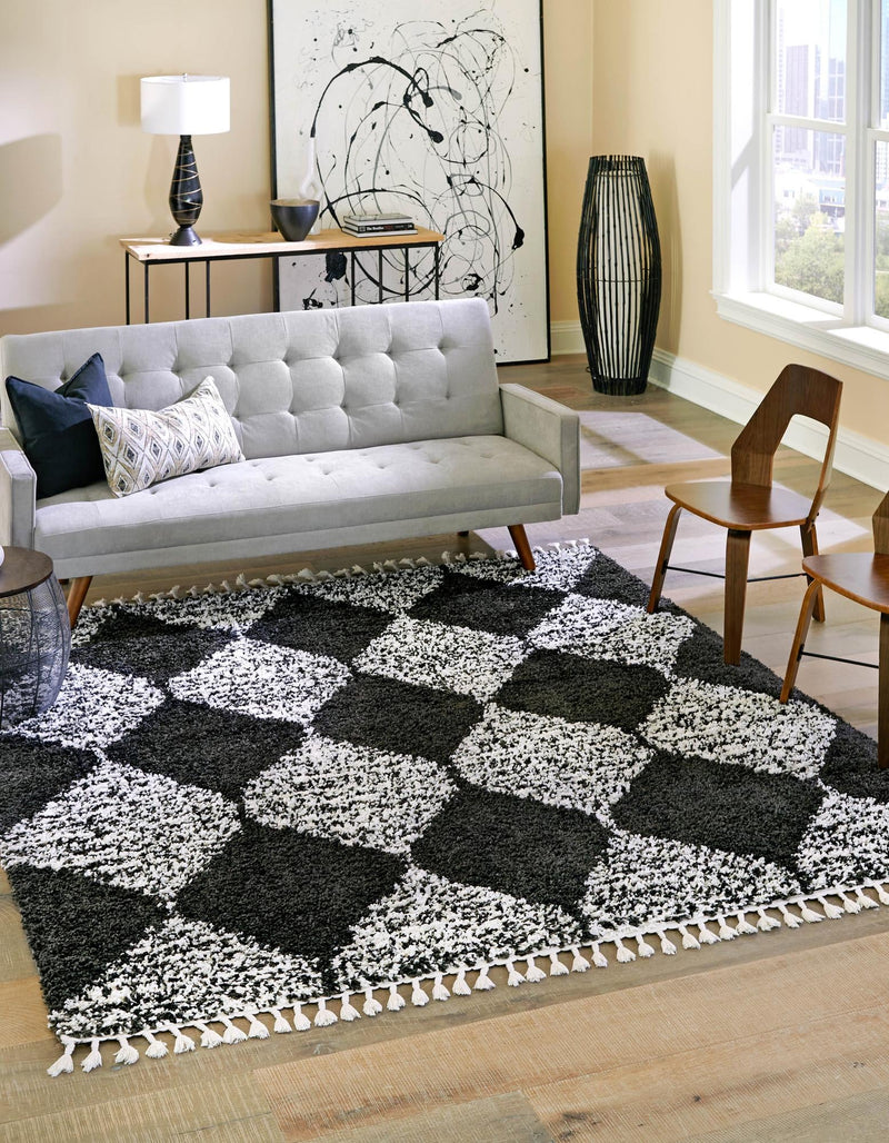 Tranquil Tides Shag Collection Area Rug - Pebble Square Black and White lifestyle 68