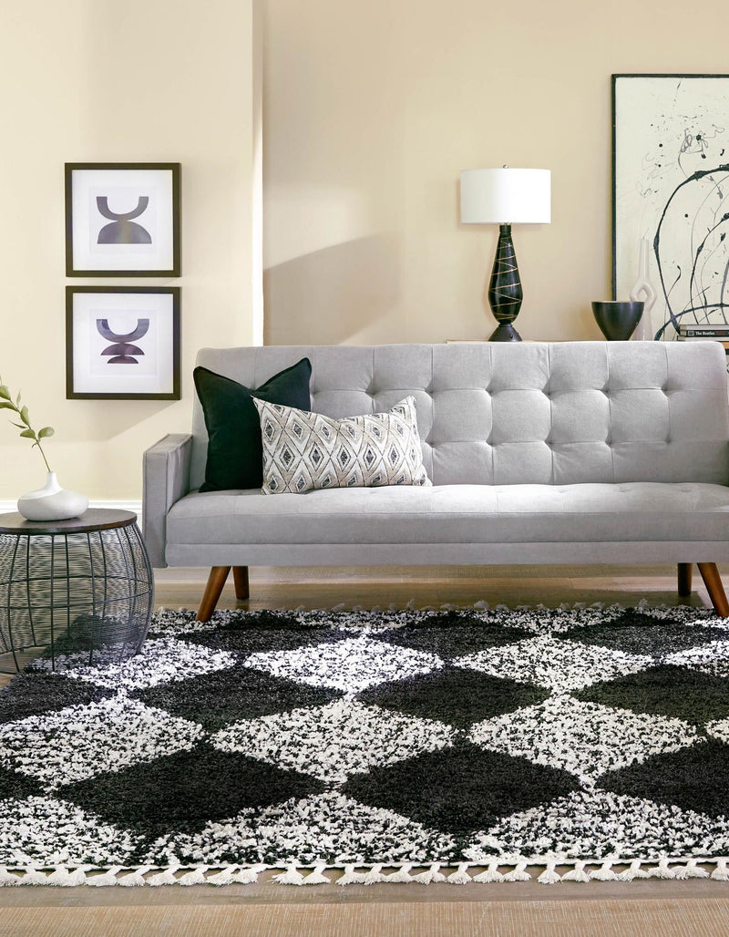 Tranquil Tides Shag Collection Area Rug - Pebble Square Black and White lifestyle 84