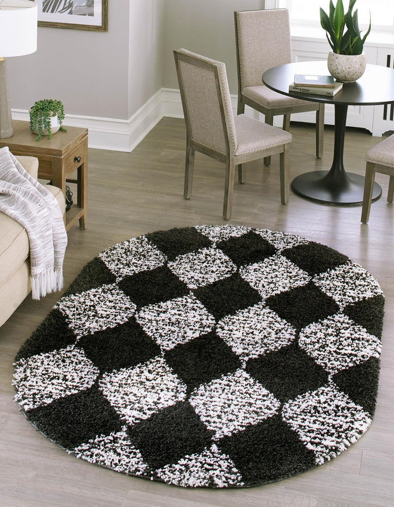 Tranquil Tides Shag Collection Area Rug - Pebble Oval Black and White lifestyle 69