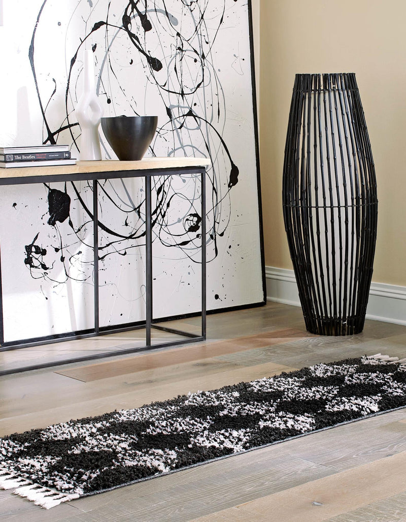Tranquil Tides Shag Collection Area Rug - Pebble Runner Black and White lifestyle 86