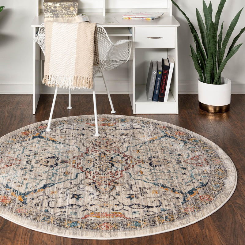 Seville Stripes Collection Area Rug - Malaga (Ivory) Round Ivory lifestyle 67