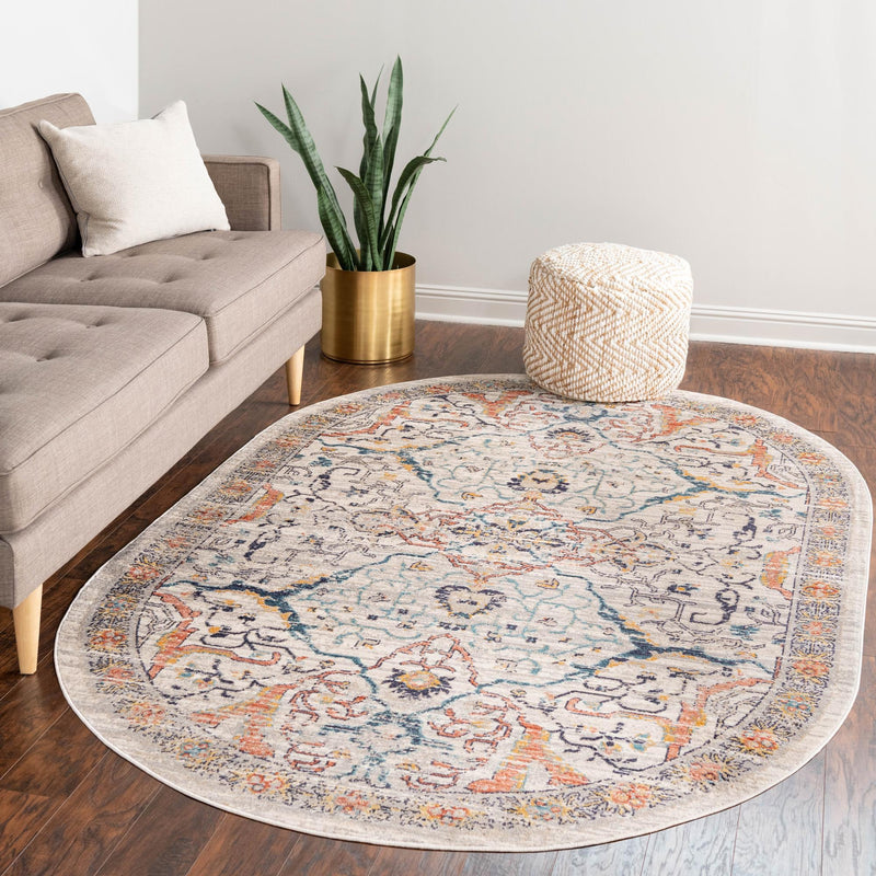 Seville Stripes Collection Area Rug - Malaga (Ivory) Oval Ivory lifestyle 69