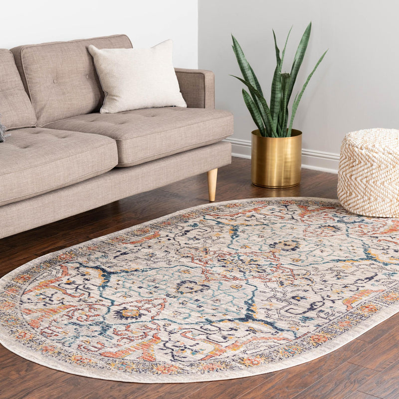 Seville Stripes Collection Area Rug - Malaga (Ivory) Oval Ivory lifestyle 73