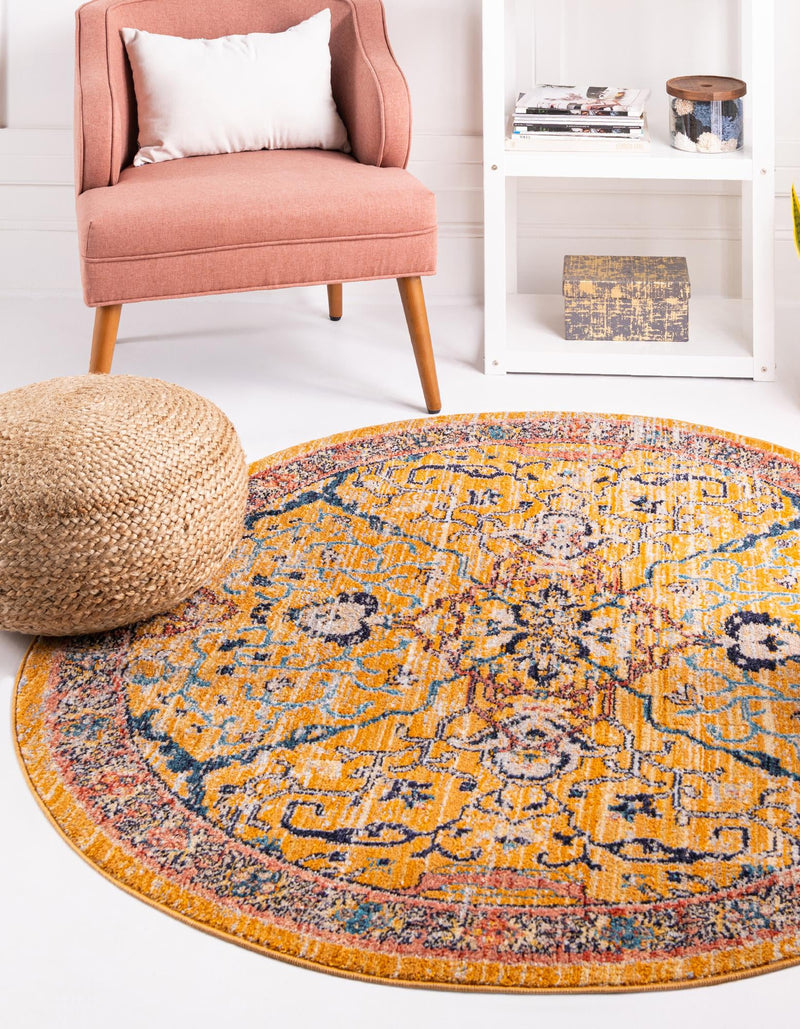 Seville Stripes Collection Area Rug - Malaga (Yellow) Round Yellow lifestyle 8