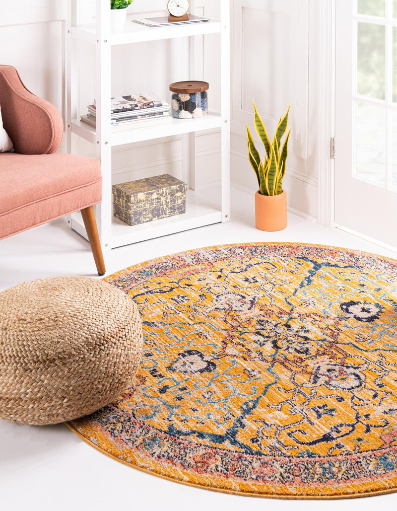 Seville Stripes Collection Area Rug - Malaga (Yellow) Round Yellow lifestyle 12