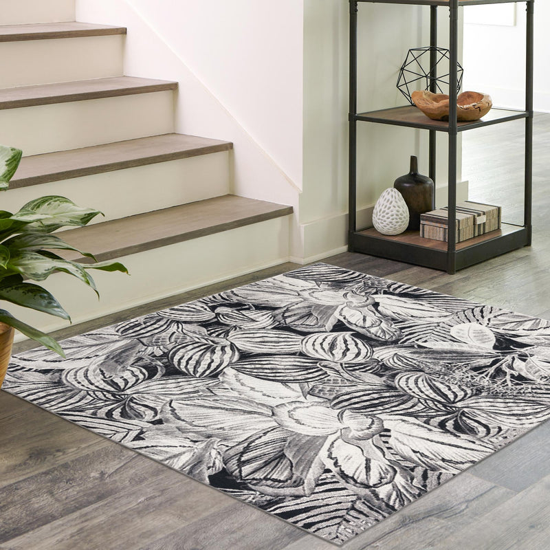 Meadow Breeze Collection Area Rug - Bluebell Square Charcoal lifestyle 128