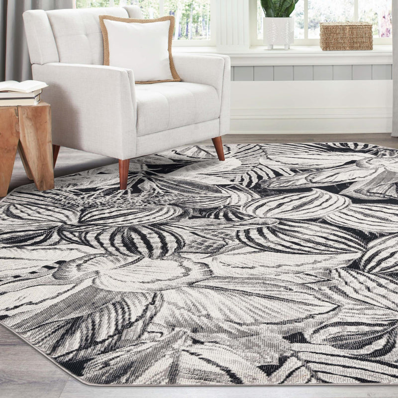 Meadow Breeze Collection Area Rug - Bluebell Octagon Charcoal lifestyle 132