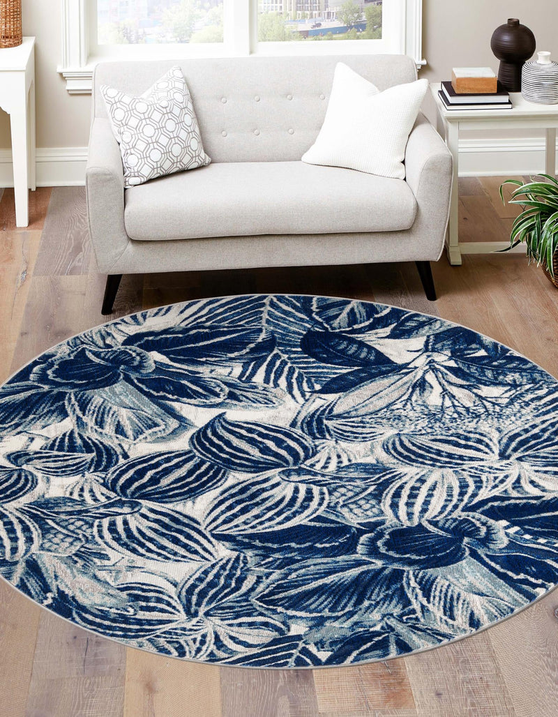 Meadow Breeze Collection Area Rug - Bluebell Round Navy Blue lifestyle 58