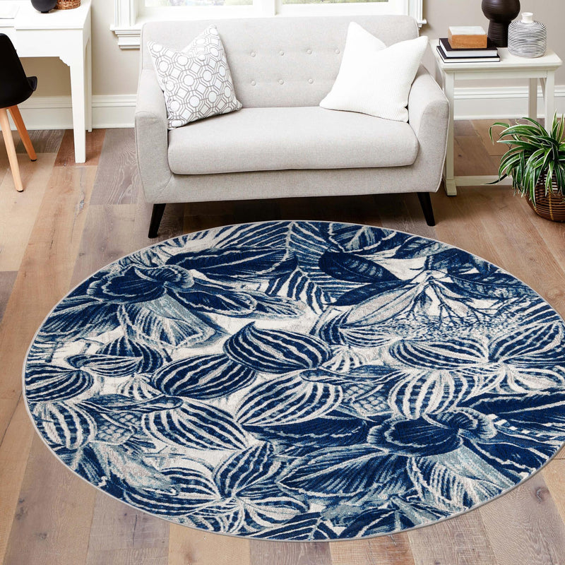 Meadow Breeze Collection Area Rug - Bluebell Round Navy Blue lifestyle 114