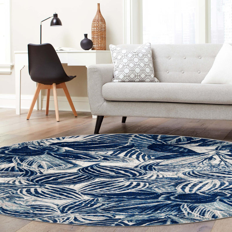 Meadow Breeze Collection Area Rug - Bluebell Round Navy Blue lifestyle 134
