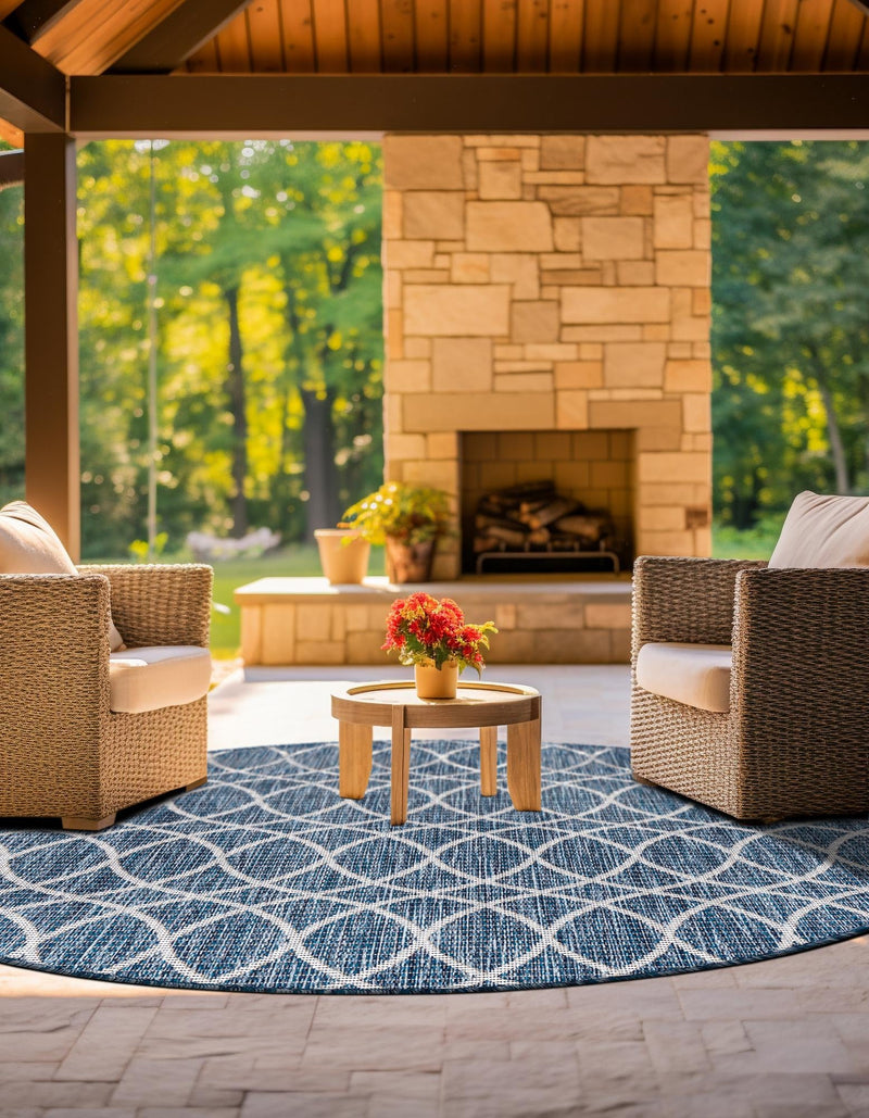 Garden Lattice Oasis Collection Area Rug - Pavilion (Blue) Round Blue lifestyle 32
