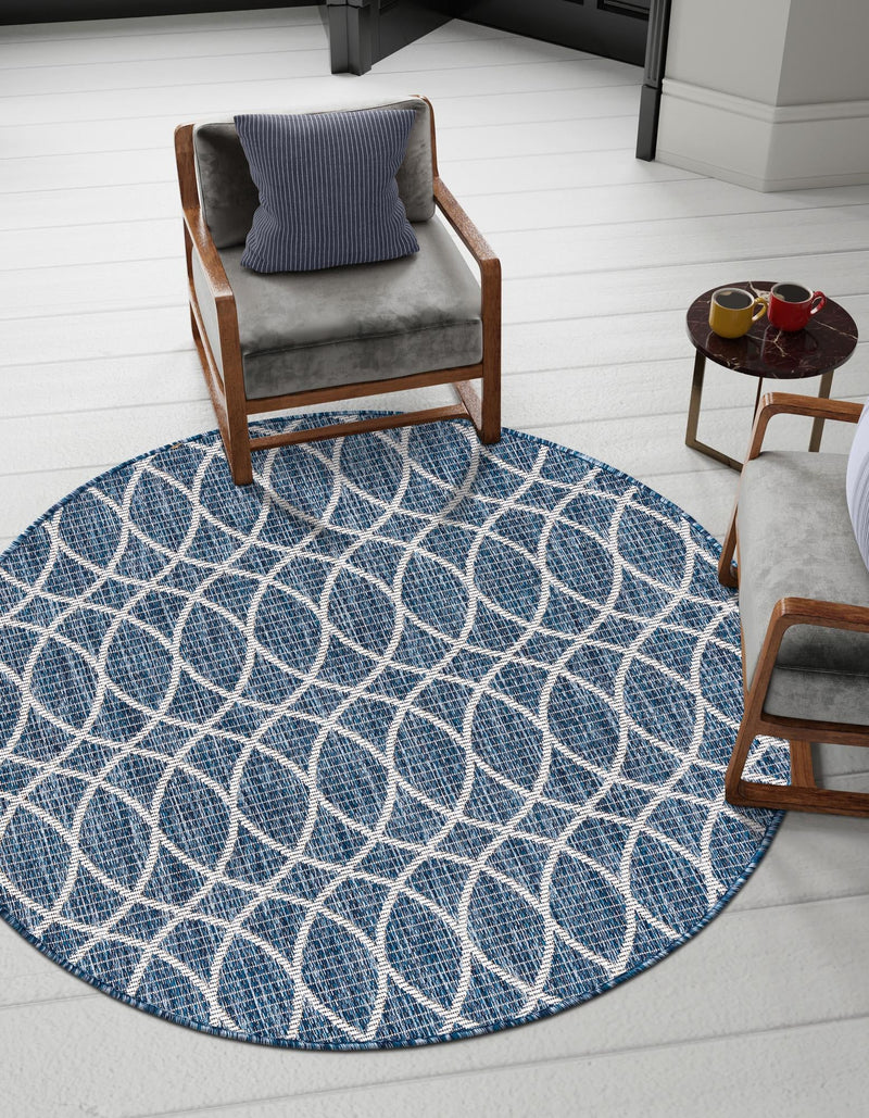 Garden Lattice Oasis Collection Area Rug - Pavilion (Blue) Round Blue lifestyle 34