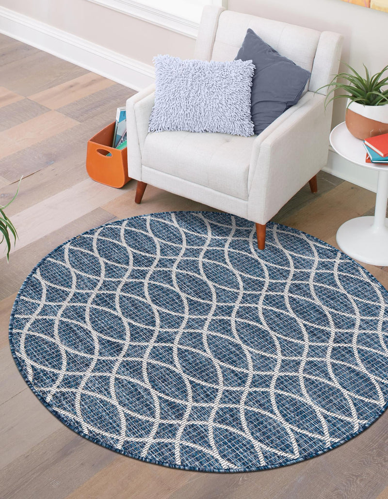 Garden Lattice Oasis Collection Area Rug - Pavilion (Blue) Round Blue lifestyle 38