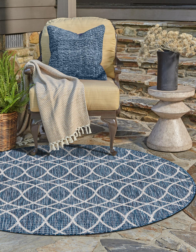Garden Lattice Oasis Collection Area Rug - Pavilion (Blue) Round Blue lifestyle 40