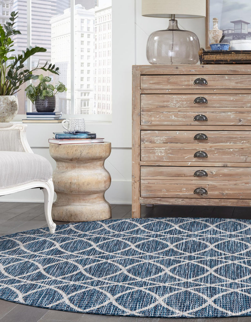 Garden Lattice Oasis Collection Area Rug - Pavilion (Blue) Round Blue lifestyle 42