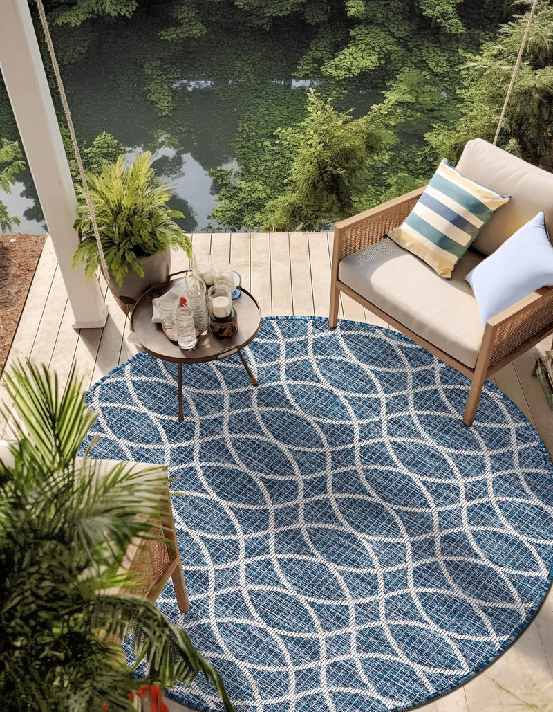 Garden Lattice Oasis Collection Area Rug - Pavilion (Blue) Round Blue lifestyle 44