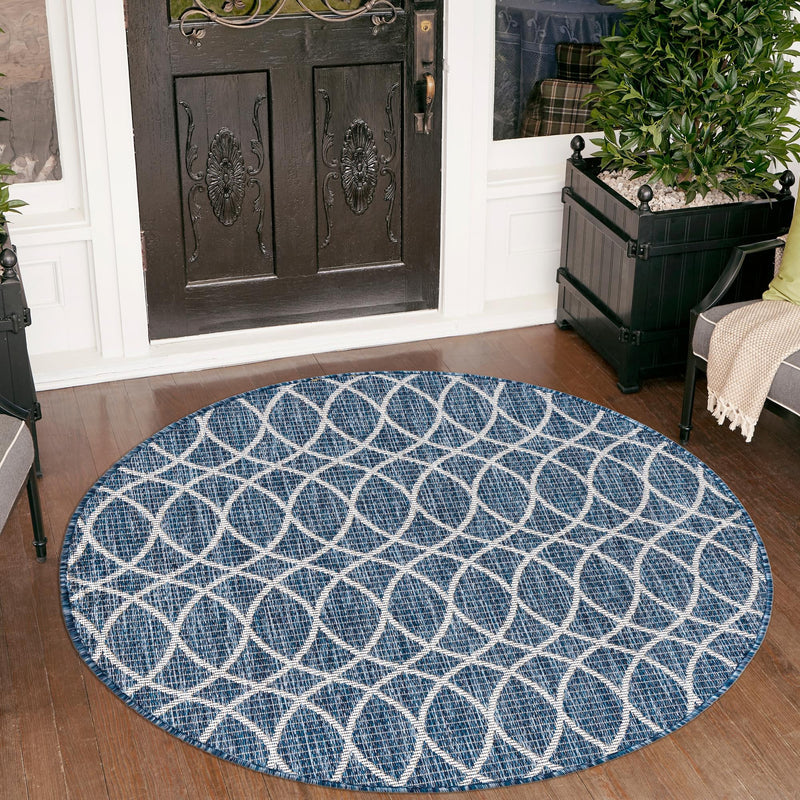 Garden Lattice Oasis Collection Area Rug - Pavilion (Blue) Round Blue lifestyle 11
