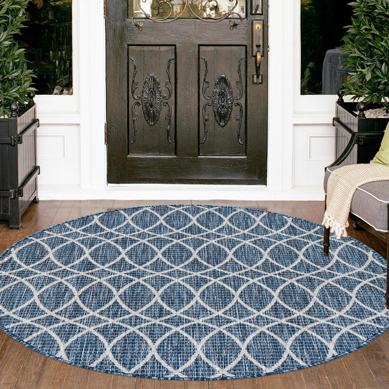 Garden Lattice Oasis Collection Area Rug - Pavilion (Blue) Round Blue lifestyle 12