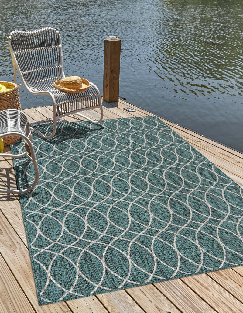 Garden Lattice Oasis Collection Area Rug - Pavilion (Teal) Rectangle Teal lifestyle 0