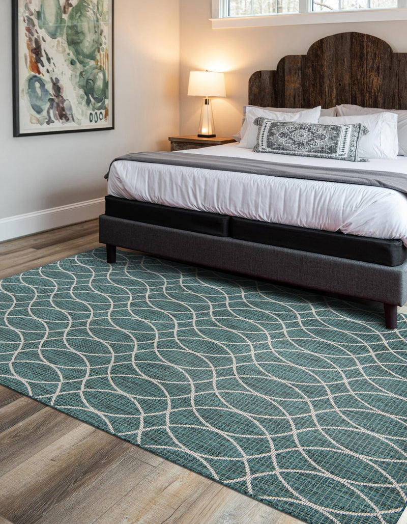 Garden Lattice Oasis Collection Area Rug - Pavilion (Teal) Rectangle Teal lifestyle 2