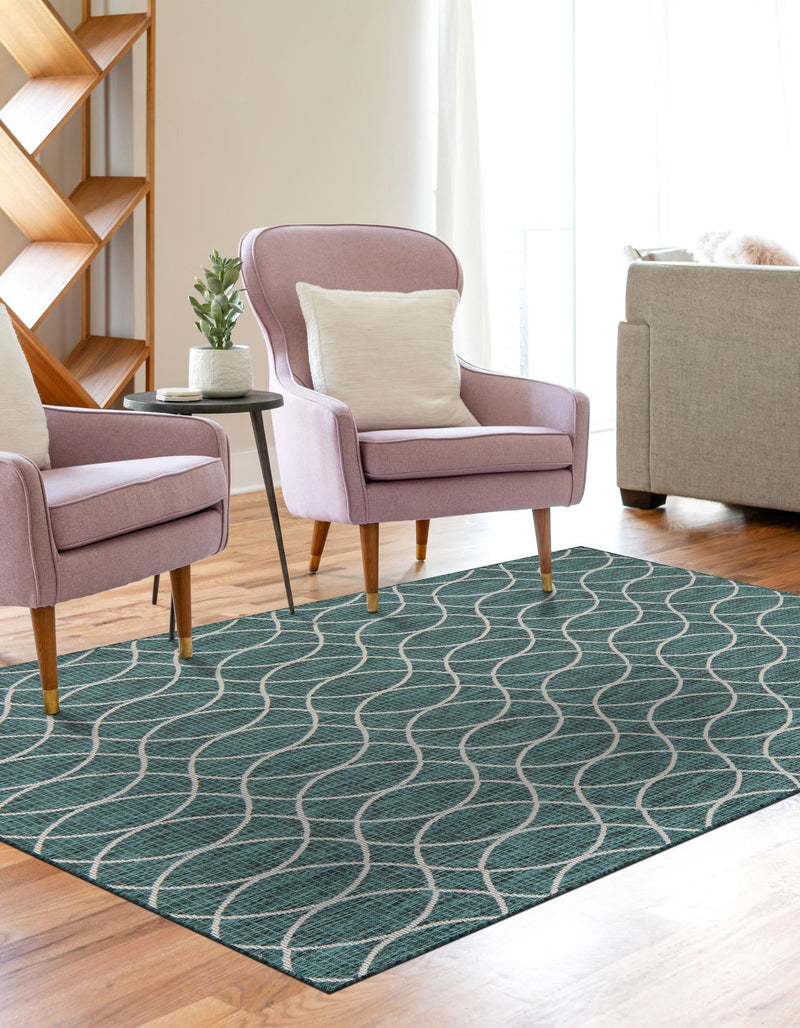 Garden Lattice Oasis Collection Area Rug - Pavilion (Teal) Rectangle Teal lifestyle 5