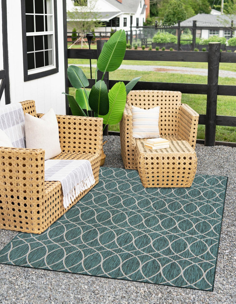 Garden Lattice Oasis Collection Area Rug - Pavilion (Teal) Rectangle Teal lifestyle 7