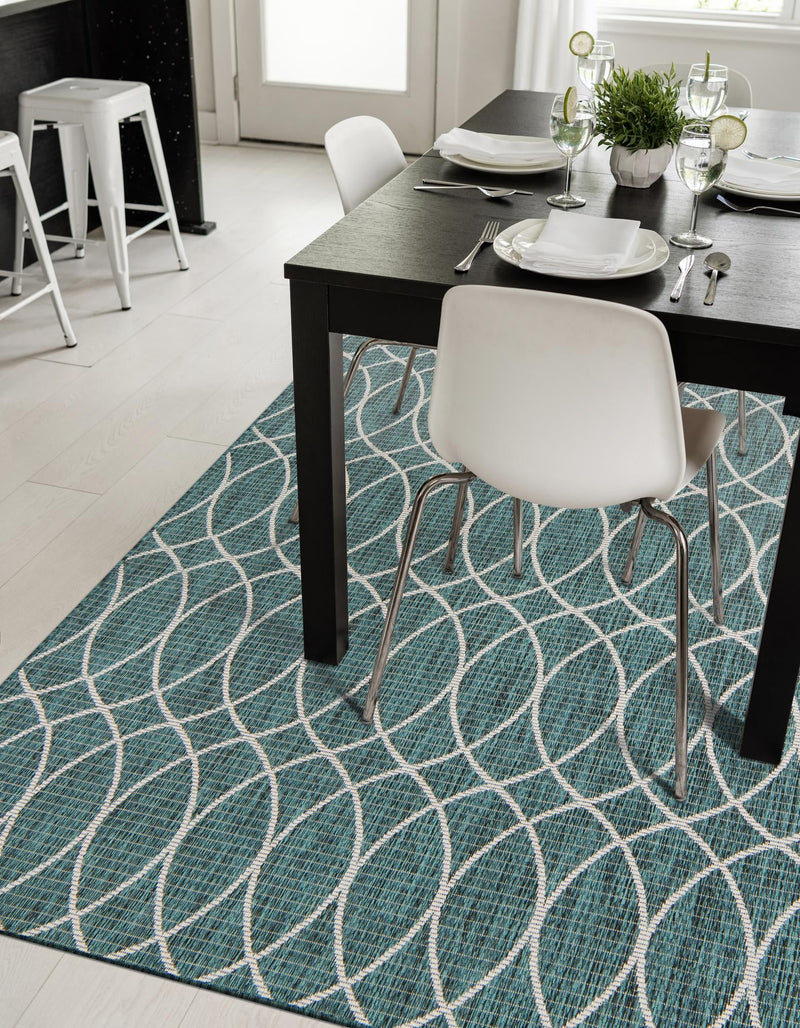 Garden Lattice Oasis Collection Area Rug - Pavilion (Teal) Rectangle Teal lifestyle 8